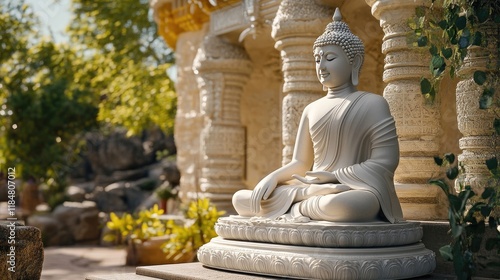 A peaceful moment in front of the sacred Samadhi Buddha statue, surrounded by meticulously designed stone features photo