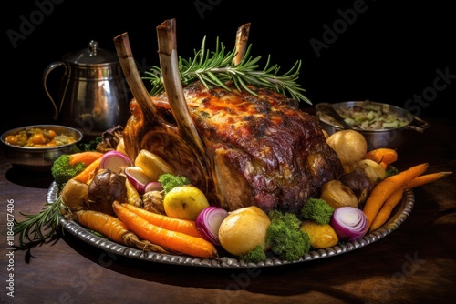 Crown Roast of Lamb with Apple and Rosemary Stuffing. Juicy and Tender Easter Meal with Carrot Garnish photo