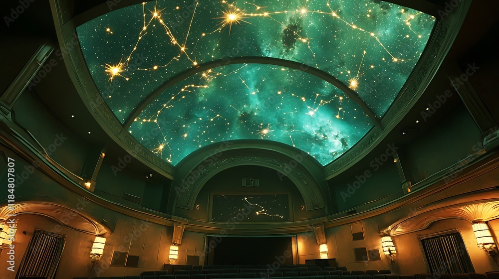 Obraz premium A cinema with a celestial theme featuring glowing constellations on the ceiling 