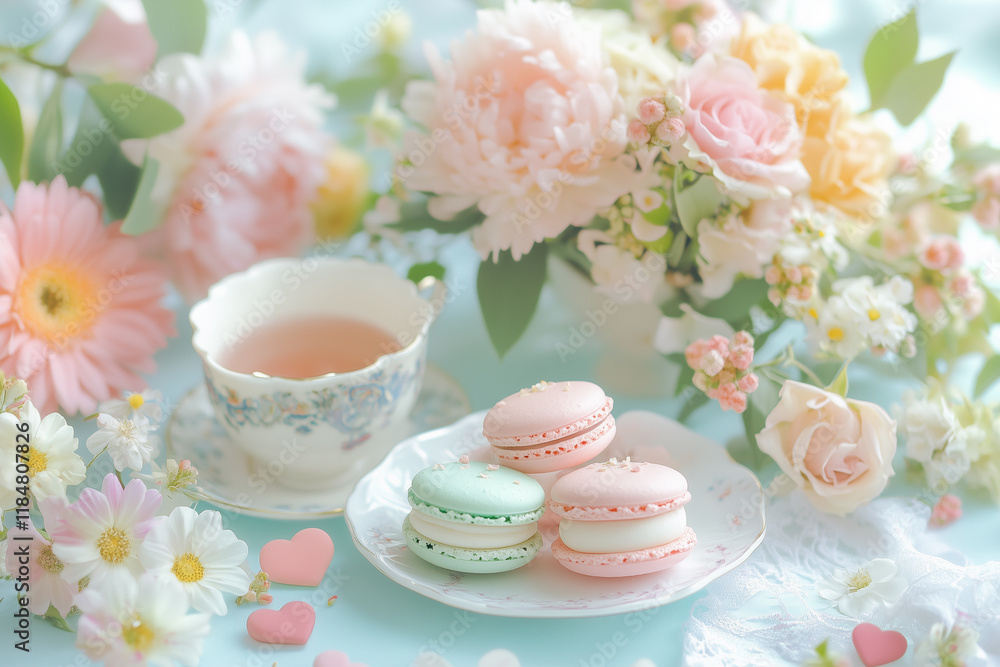 Fototapeta premium Bright composition of pastel macarons with floral arrangements in a cozy setting during afternoon tea