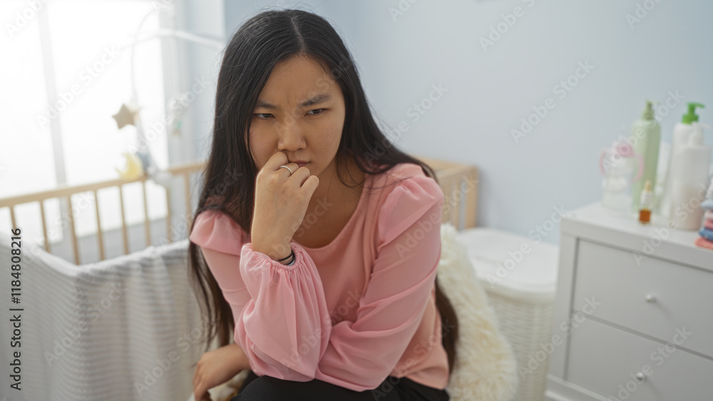 Woman contemplating indoors in a serene baby room setting with pastel decor, reflecting a peaceful and thoughtful atmosphere of a new lifestyle. Woman contemplating indoors in a serene baby room setting with pastel decor, reflecting a peaceful and thoughtful atmosphere of a new lifestyle.