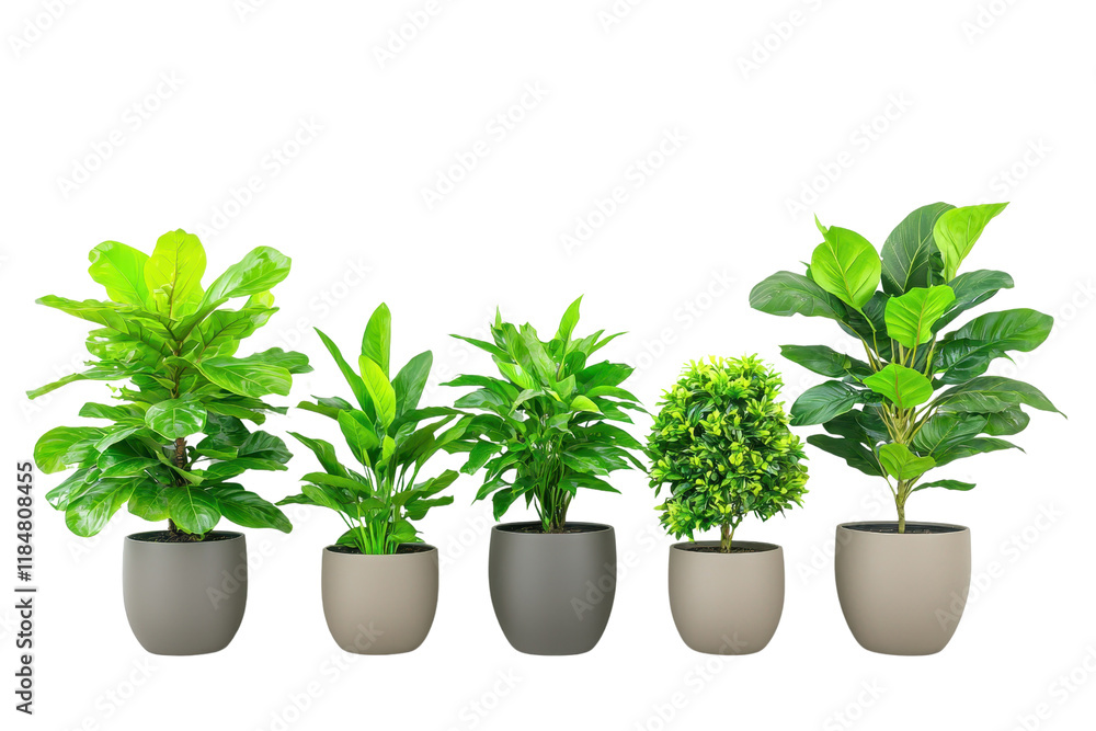 A collection of five vibrant indoor plants in modern pots, showcasing lush green foliage and diverse leaf shapes, perfect for home or office decor A collection of five vibrant indoor plants in modern pots, showcasing lush green foliage and diverse leaf shapes, perfect for home or office decor
