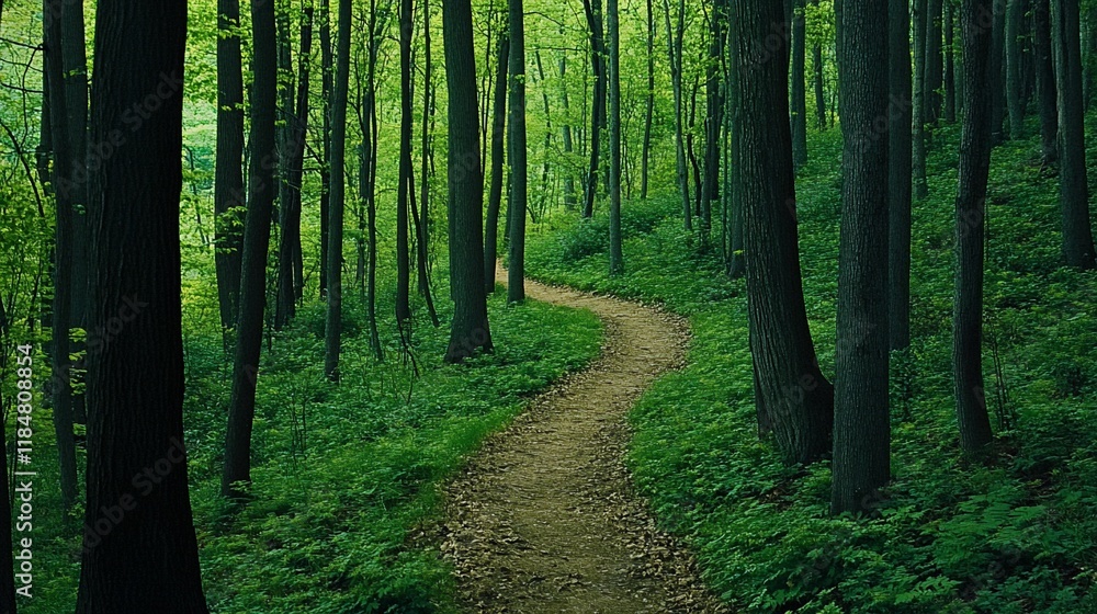 Obraz premium Winding path through lush green forest.