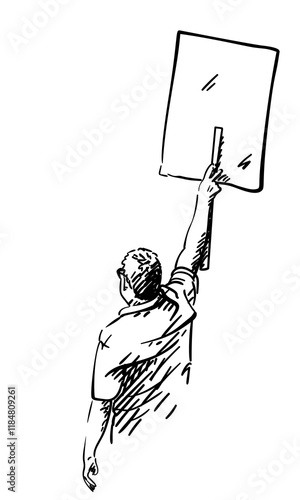 Adult man with sign board during protest, View from back Vector sketch, Hand drawn illustration