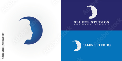 Unique Beauty Logo: Stand out with this captivating logo featuring a woman's face and a midnight blue moon. Vector-based, perfect for salons and spas logo design inspiration