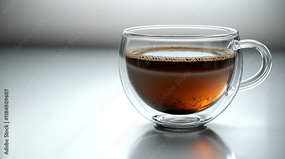 Double-walled glass teacup, brewed tea, studio, reflection, beverage Double-walled glass teacup, brewed tea, studio, reflection, beverage