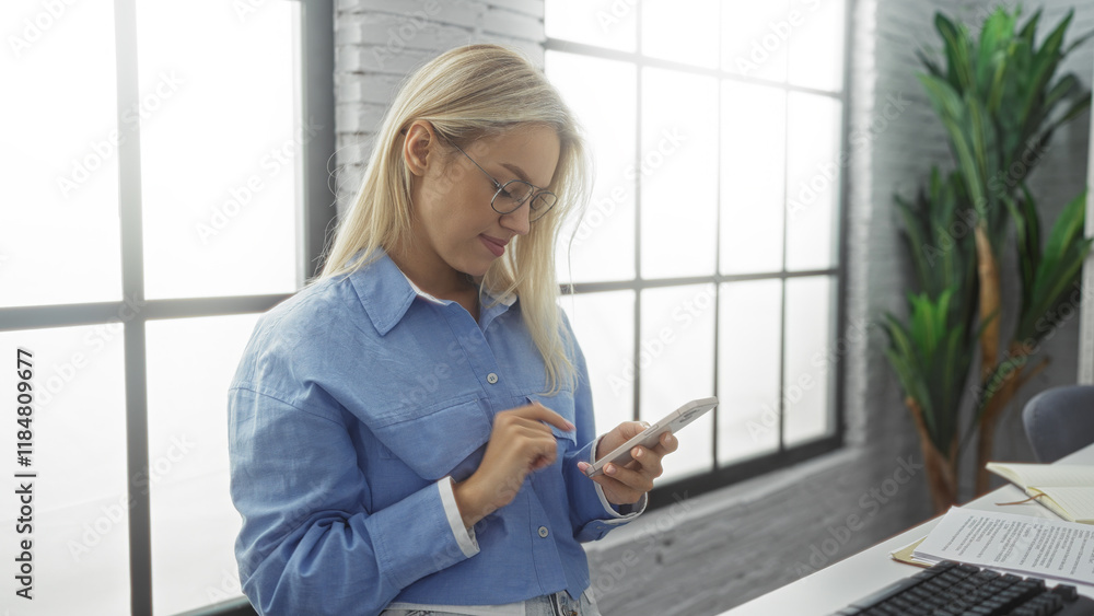 Woman in office wearing glasses looking at phone near window surrounded by plants and documents suggesting workplace environment with natural light Woman in office wearing glasses looking at phone near window surrounded by plants and documents suggesting workplace environment with natural light