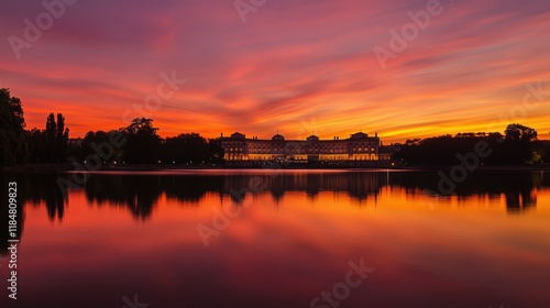 A Beautiful Sunset Over a Lake With a Large Building in the Background - Generative AI