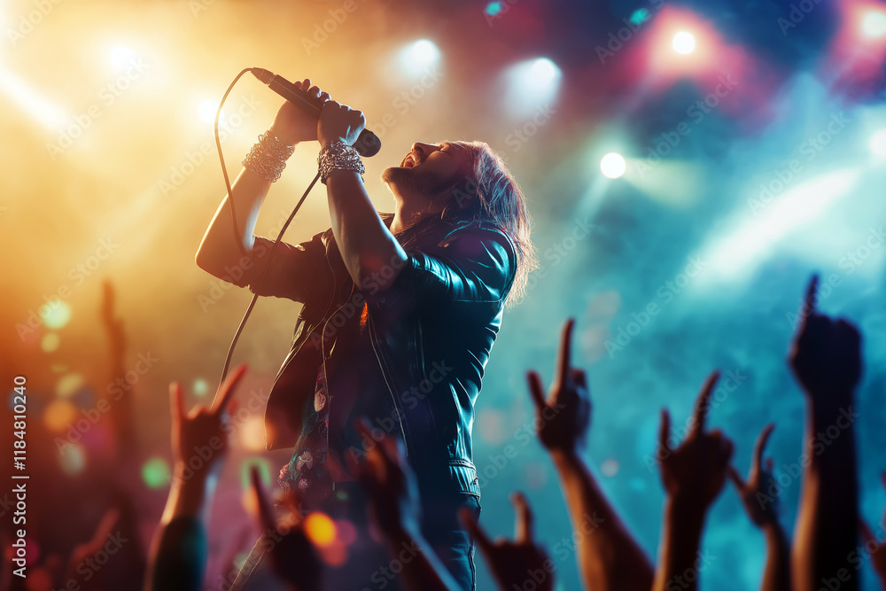 Rock band lead singer holding a microphone and singing with passion on a big concert stage, bright spotlights, hands of fans reaching up. Rock band lead singer holding a microphone and singing with passion on a big concert stage, bright spotlights, hands of fans reaching up.