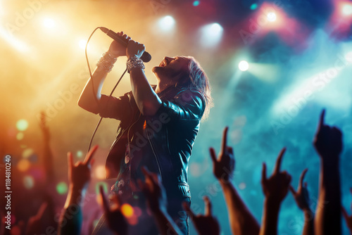 Rock band lead singer holding a microphone and singing with passion on a big concert stage, bright spotlights, hands of fans reaching up. photo