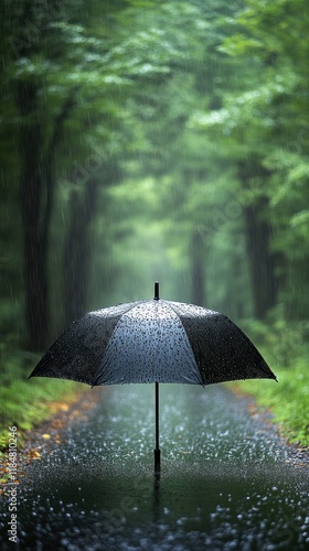 A black umbrella stands in a rain-soaked forest path. photo