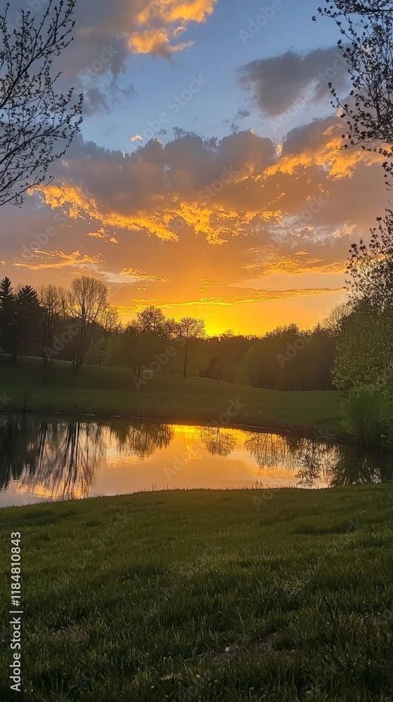 At dusk, a tranquil pond comes alive with rich sunset colors, creating a mesmerizing reflection on the water's surface. Surrounding trees frame the scene, enhancing the serene atmosphere At dusk, a tranquil pond comes alive with rich sunset colors, creating a mesmerizing reflection on the water's surface. Surrounding trees frame the scene, enhancing the serene atmosphere