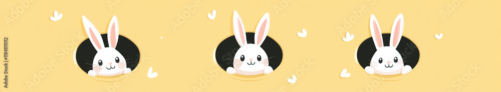 Easter bunnies peeking from holes on yellow background Easter bunnies peeking from holes on yellow background