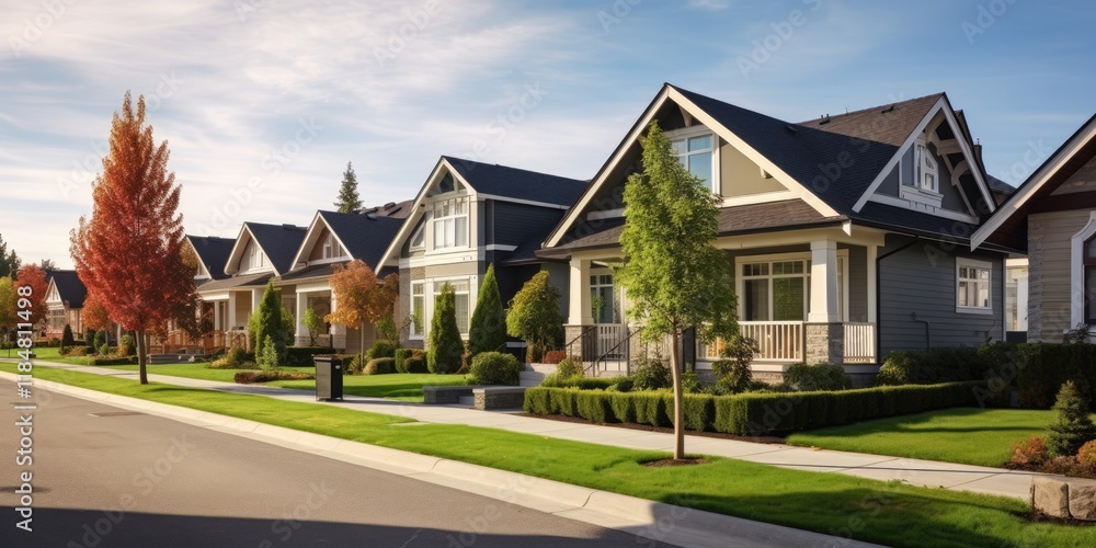 Charming Single Story Homes in a Serene Suburban Neighborhood with Clear Blue Sky Charming Single Story Homes in a Serene Suburban Neighborhood with Clear Blue Sky