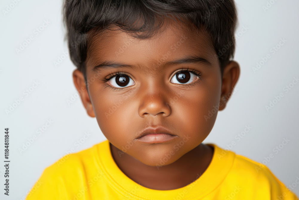Young child with expressive eyes wearing a yellow shirt in a neutral setting Young child with expressive eyes wearing a yellow shirt in a neutral setting