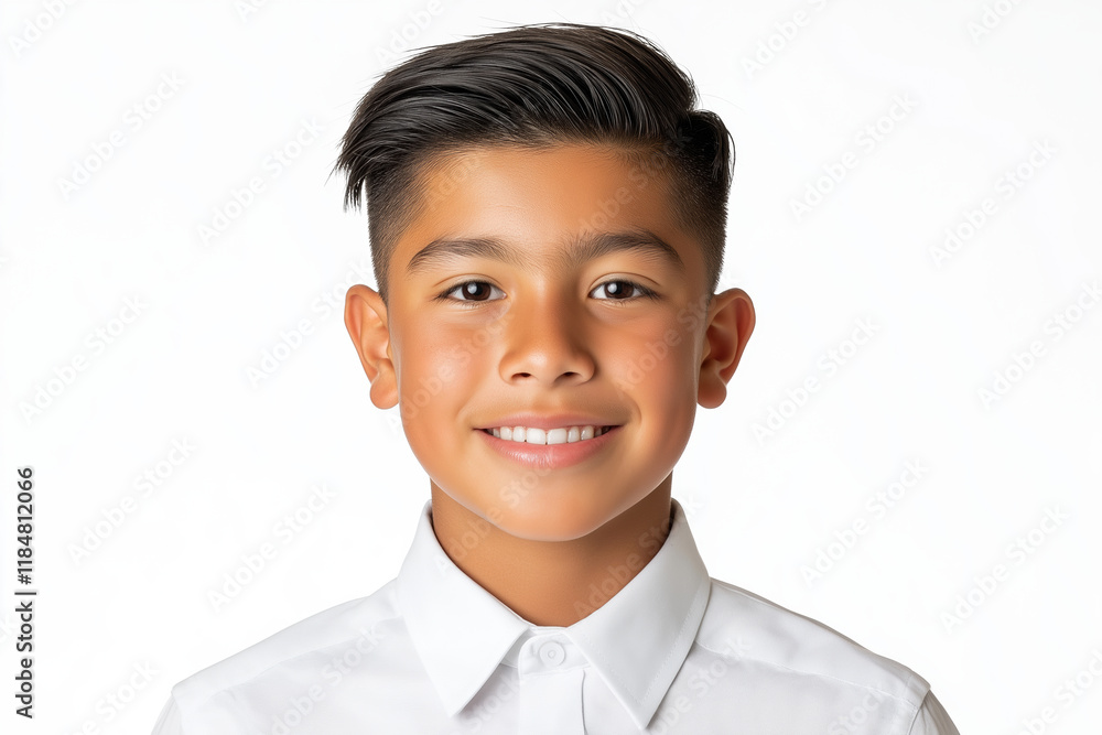 Young boy smiling brightly in a clean, white background setting with casual attire Young boy smiling brightly in a clean, white background setting with casual attire