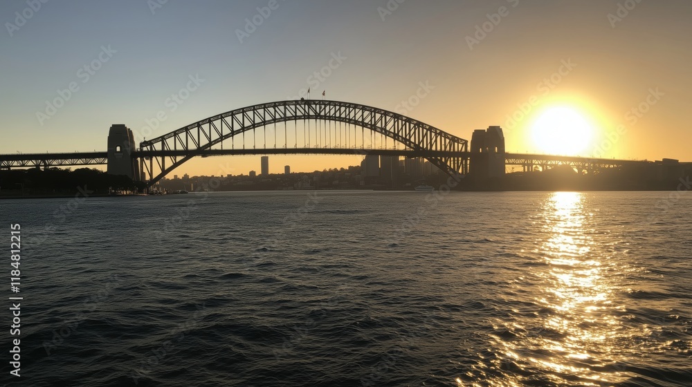 Naklejka premium The Sun Is Setting Behind a Bridge in Sydney Australia - Generative AI