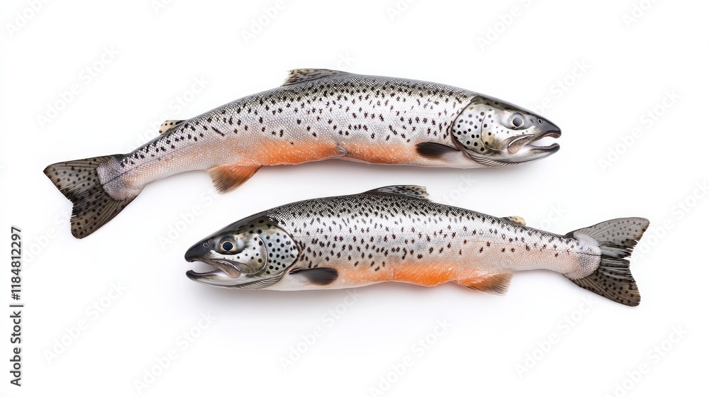 Two raw salmon steaks on a white background.
Two raw salmon steaks on a white background.