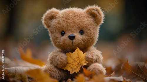 A plush toy bear displayed against a neutral setting.

