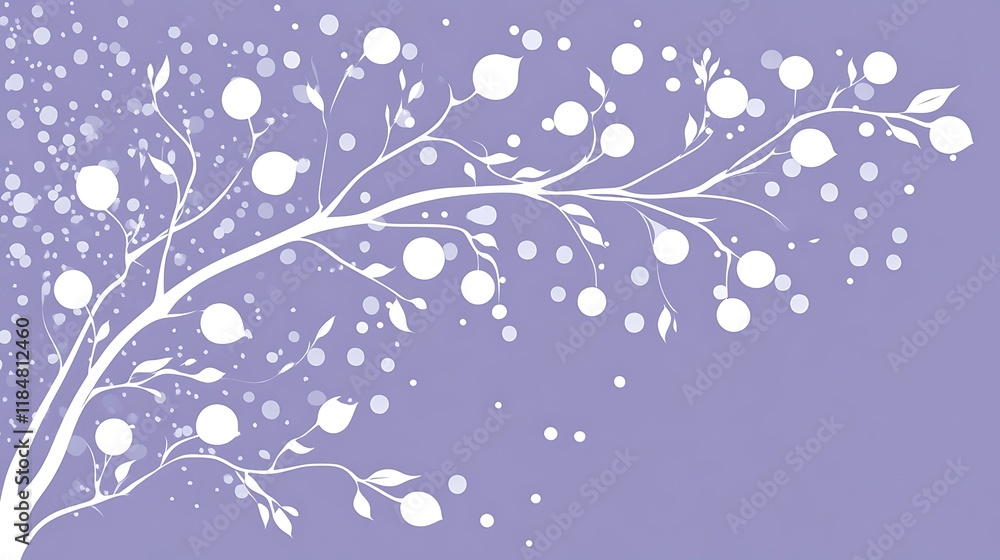 White Branch with Circular Ornaments on Lavender Background White Branch with Circular Ornaments on Lavender Background