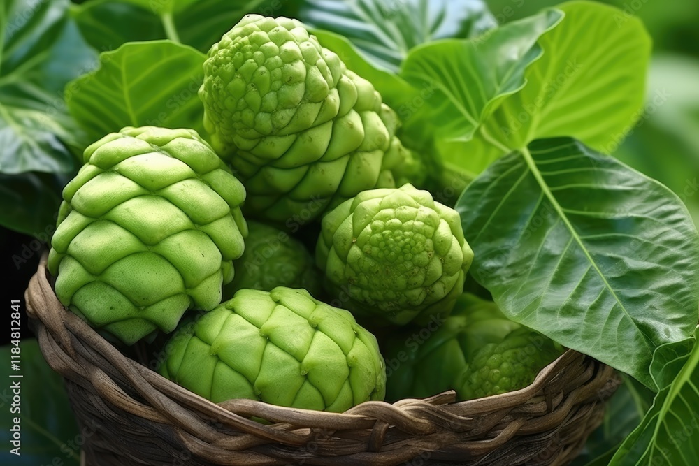 Obraz premium Discovering the Benefits of Noni Tree: Close-up of Organic Leaves and Fruits of Morinda Citrifolia