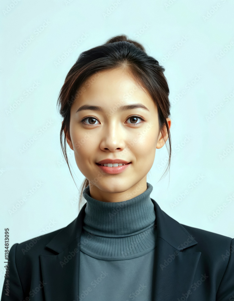 Portrait of young woman in turtleneck and blazer smiling confidently Portrait of young woman in turtleneck and blazer smiling confidently