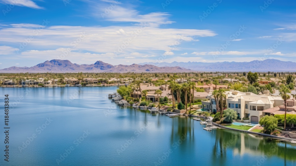 Drone View of Gilbert, Arizona Lake Homes with Skyline and Waterfront City Landscape Drone View of Gilbert, Arizona Lake Homes with Skyline and Waterfront City Landscape