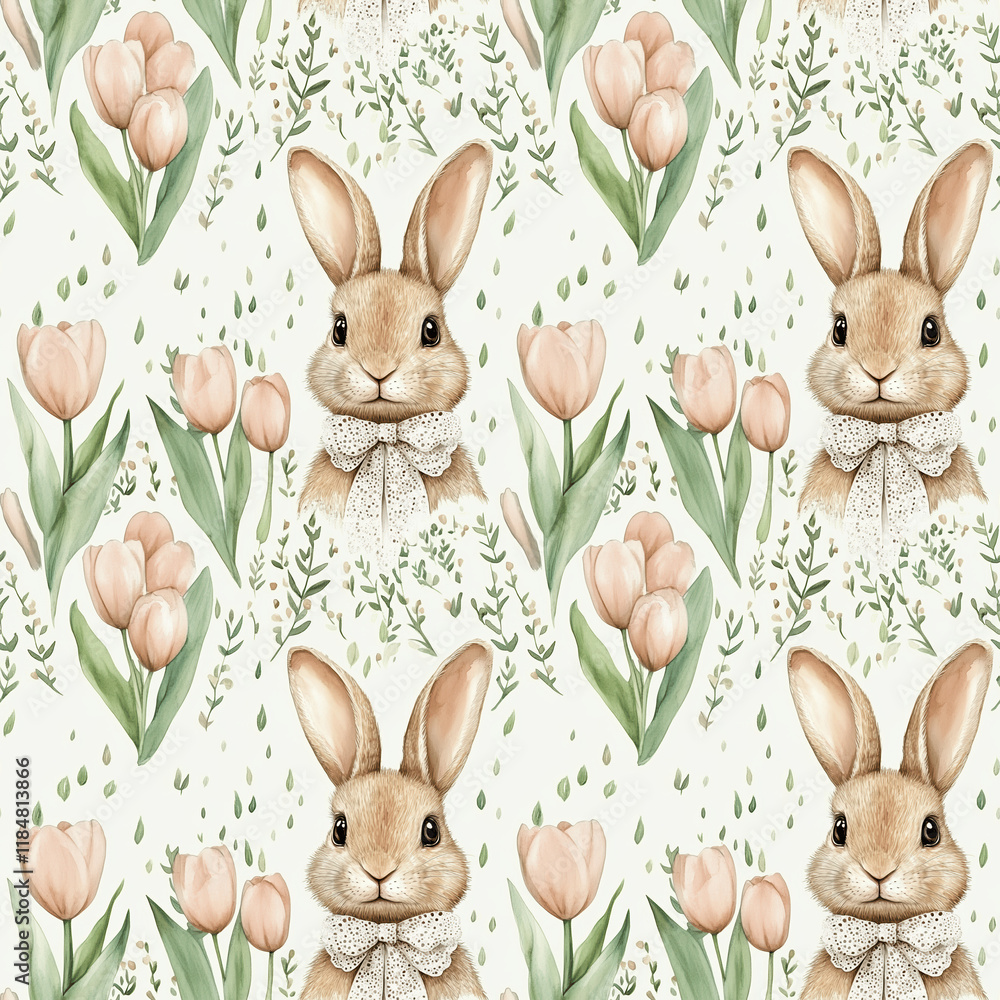 Fototapeta premium Charming watercolor seamless pattern featuring fluffy rabbits among soft pink tulips and green leaves.