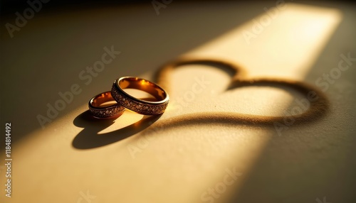 Two wedding rings rest on a surface, casting shadows that form a heart shape. Sunlight streams in, illuminating the scene. photo