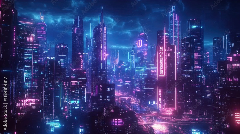 Fototapeta premium A stunning futuristic cityscape at night, illuminated with vibrant neon lights in shades of pink and blue. Skyscrapers tower against a moody sky filled with swirling clouds. The street below is alive 