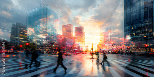 Fototapeta Naklejka Na Ścianę i Meble -  vibrant city street at sunset with blurred figures crossing, reflecting dynamic urban life and glowing skyscrapers in background under dramatic sky