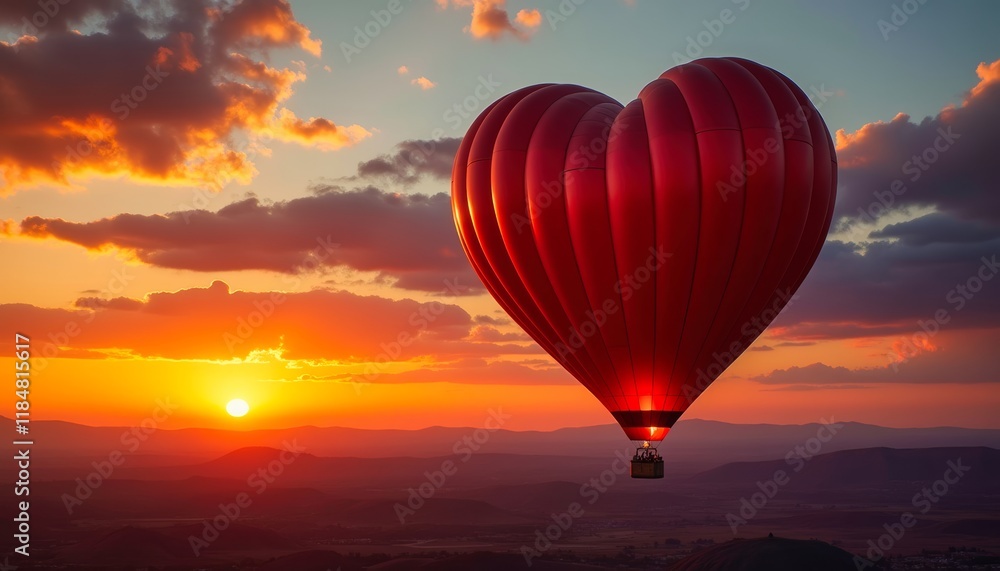 Fototapeta premium Heart-shaped hot air balloon soaring through a vibrant sunset over rolling hills. A breathtaking romantic scene.