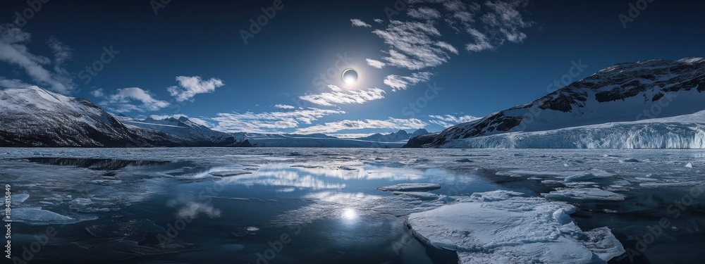 A stunning shot of a high-altitude glacier lake with reflective, ice-covered floes and a rare, intense solar eclipse casting dramatic shadows over the frozen waters A stunning shot of a high-altitude glacier lake with reflective, ice-covered floes and a rare, intense solar eclipse casting dramatic shadows over the frozen waters