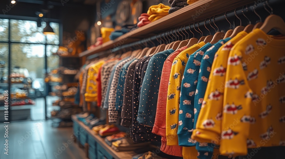 Fototapeta premium Colorful kids' clothing on display in a boutique.