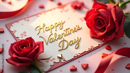 Romantic Elegance: Heartfelt Wishes on a Charming Valentine's Day Card with a Beautiful Rose & Ribbon
