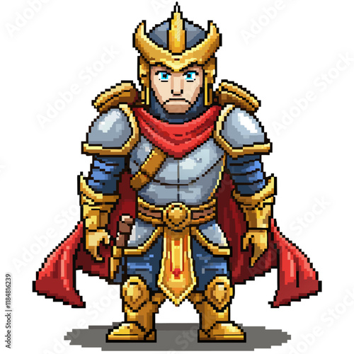 Pixel Art Knight Character in Armor with Red Cape and Sword