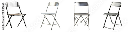 Steel folding chair isolated on transparent background, Set of