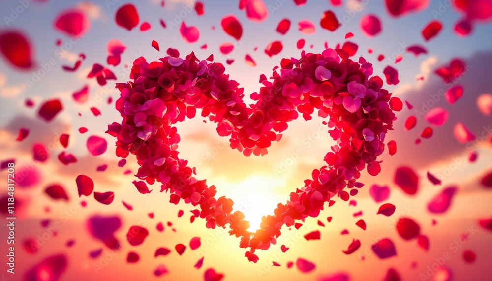 Heart-shaped rose petals against a sunset backdrop. Romantic and dreamy image perfect for Valentine's Day or love-themed projects. Heart-shaped rose petals against a sunset backdrop. Romantic and dreamy image perfect for Valentine's Day or love-themed projects.