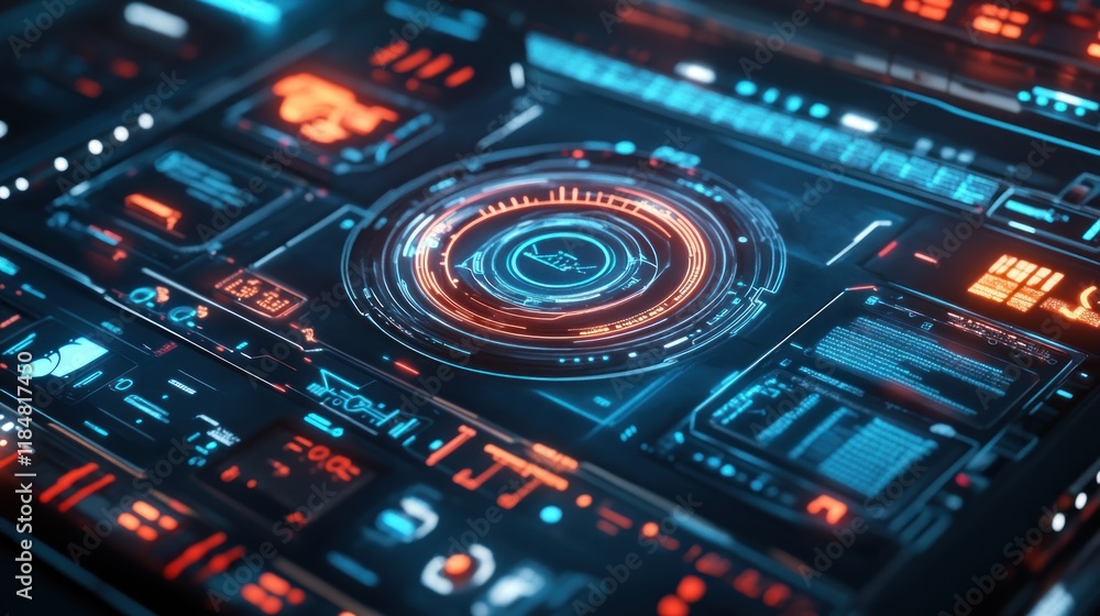 Futuristic HUD interface with glowing digital elements and data displays. Futuristic HUD interface with glowing digital elements and data displays.