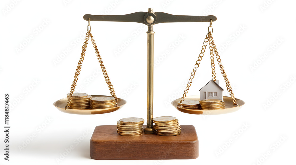 A scale balancing gold coins on one side and a house on the other symbolizing financial decision-making. A scale balancing gold coins on one side and a house on the other symbolizing financial decision-making.