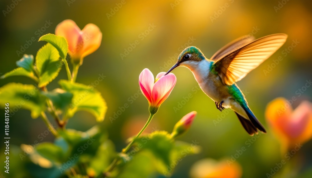 Fototapeta premium Hummingbird feeding on a pink flower in golden sunlight. A breathtaking moment of nature's beauty.