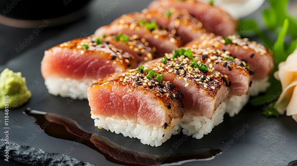 Elegant Tuna Sushi Nigiri on Slate Elegant Tuna Sushi Nigiri on Slate