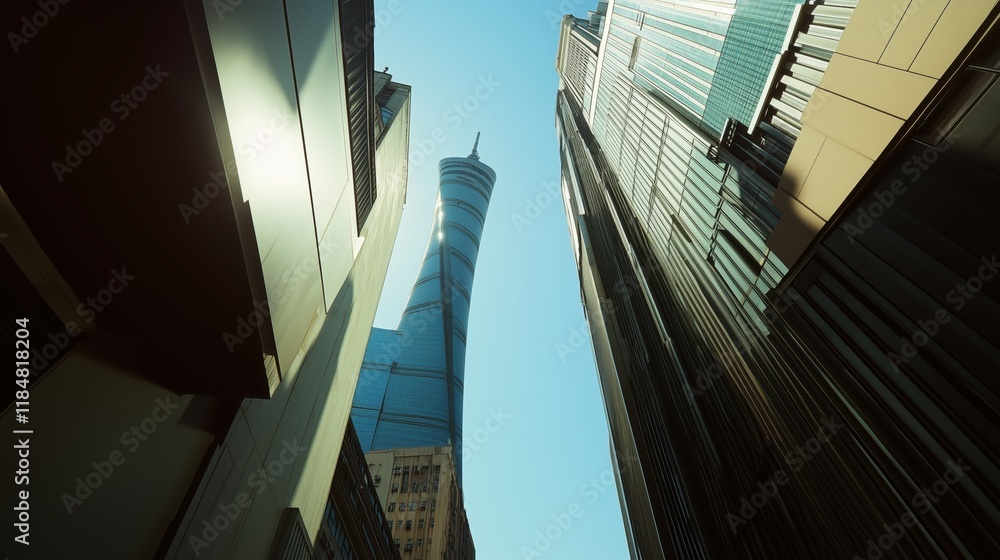 Obraz premium Looking up at a Tall Skyscraper From the Bottom of a Tall Building - Generative AI