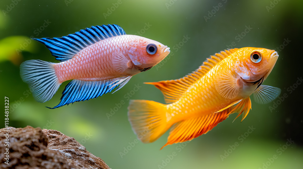 Colorful tropical fish swimming gracefully in a vibrant aquarium filled with lush aquatic plants and decorative elements Colorful tropical fish swimming gracefully in a vibrant aquarium filled with lush aquatic plants and decorative elements