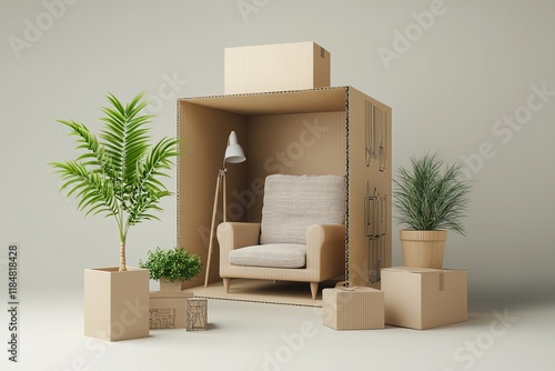 3D open cardboard box with home goods isolated. Render furniture armchair, plant in pot, lamp and table. Delivery, relocation service. Move, transportation and logistics concept. Vector illustration