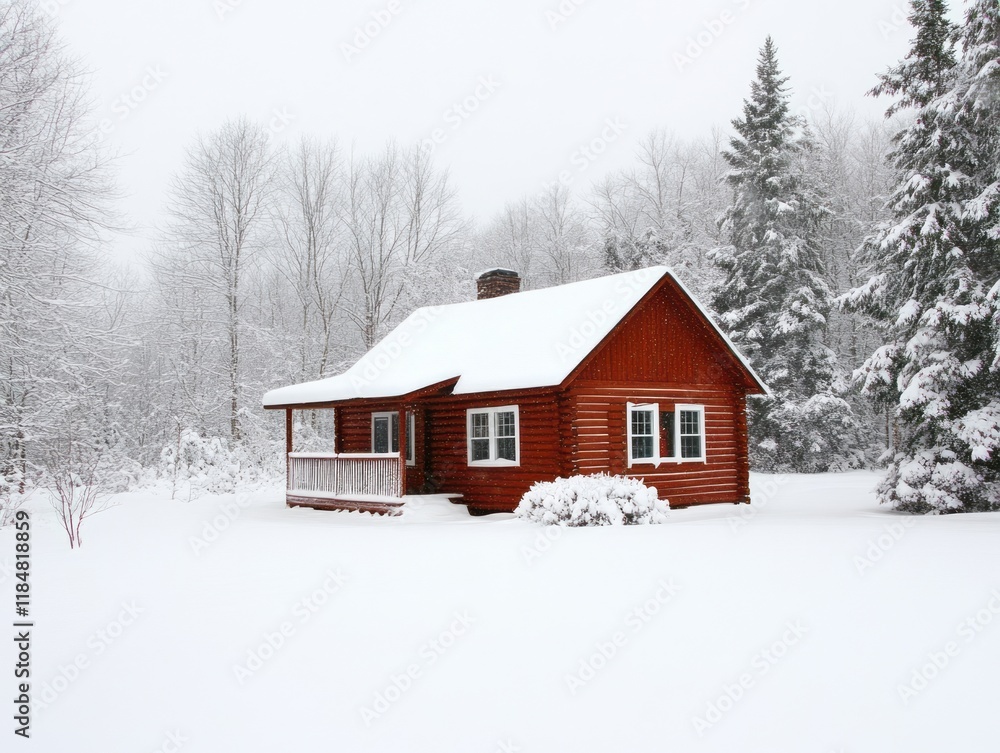 Red log cabin nestled in a snowy winter landscape Red log cabin nestled in a snowy winter landscape