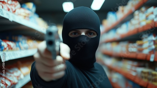 Masked Criminal Robbing a Supermarket Aisle With Gun Pointed Forward in Dramatic Motion Blur photo