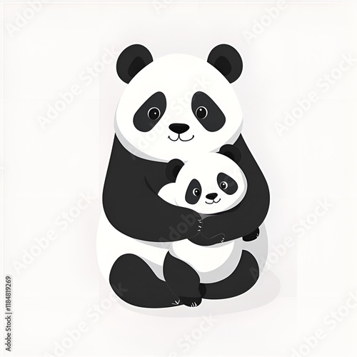 Cute cartoon panda family hugging, loving embrace on white background with copy space