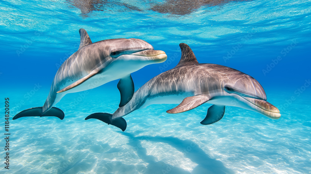 Naklejka premium Dolphins swimming gracefully in crystal clear waters, showcasing their agility and playful nature in a serene underwater environment