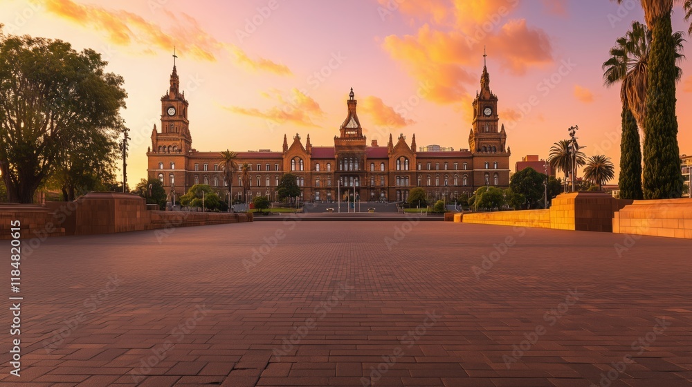 Naklejka premium A View of a Large Building With a Clock Tower in the Background - Generative AI